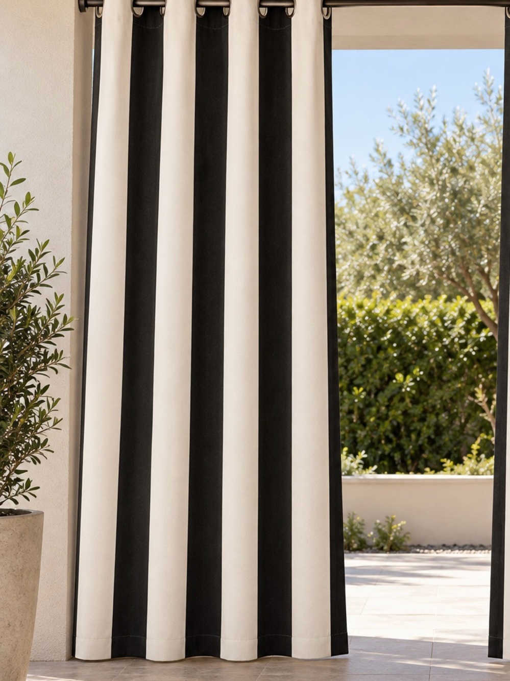 NEW IN PKG Sunbrella® 50" Wide Outdoor Curtain Cabana Classic Black Wht Grommets
